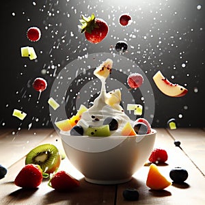 rain of fruits on a bowl of Greek yogurt