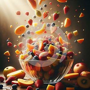 rain of fruits on a bowl of Greek yogurt