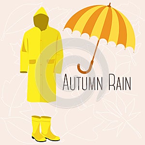 Rain gear for children. Raincoat and umbrella. Autumn vector illustration