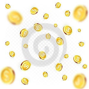 Rain of golden coins. Falling or flying money. Realistic gold coin on transparent background