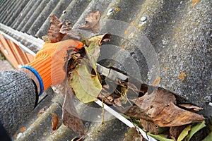 Rain Gutter Cleaning from Leaves in Autumn . Roof Gutter Cleaning Tips. photo