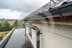 Rain gutter of roof with downpipe