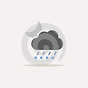 Rain, hail, cloud and moon. Color icon with shadow. Weather vector illustration