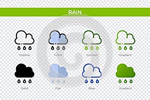 Rain icon in different style. Rain vector icons designed in outline, solid, colored, filled, gradient, and flat style. Symbol,