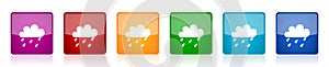 Rain icon set, colorful square glossy illustrations in 6 options for web design and mobile applications