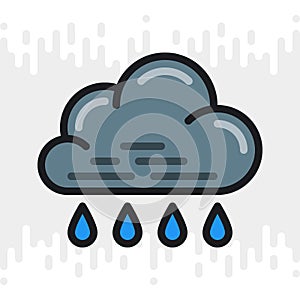 Rain icon for weather forecast application or widget. Cloud with raindrops. Color version on light gray background