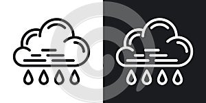 Rain icon for weather forecast application or widget. Cloud with raindrops. Two-tone version on black and white