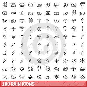 100 rain icons set, outline style