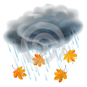 Rain illustration. Realistic gray clouds, raindrops and leaves