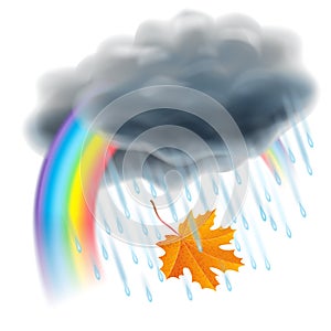 Rain illustration. Realistic gray clouds, raindrops and rainbow