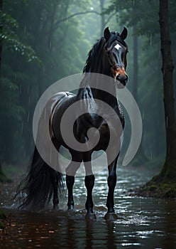 Rain-Kissed Majesty: Beautiful Dark Horse standing proudly in Enchanted Forest