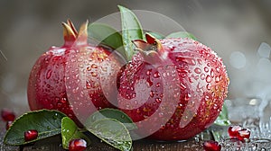 Rain-Kissed Pomegranates with Verdant Leaves on a Wet Surface - A Picture-Perfect Scene for Nutrition and Nature Themes