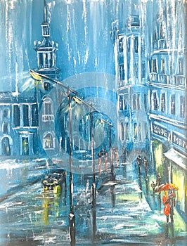 Rain in night city oil painting on canvas. drawn evening street.