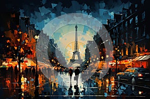 Rain in Paris rainy city street evening blurred light Autumn season ,people walk with umbrellas