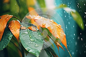 rain pouring on leaves, representing a tropical hardiness zone