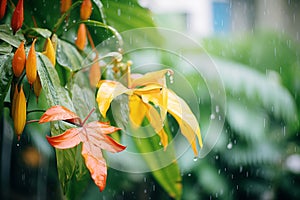 rain pouring on leaves, representing a tropical hardiness zone