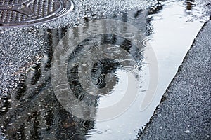 rain puddles on pavement in the city