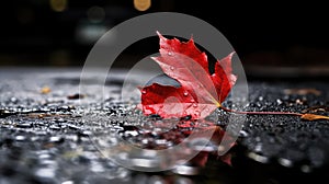 rain red leaf asphalt