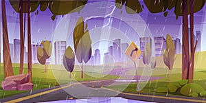 Rain on road to city with forest landscape cartoon