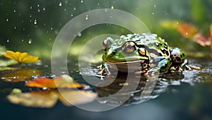 rain\'s embrace: frog\'s tranquil moment captured. AI generated photo