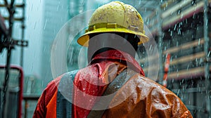 Through rain or shine the foreman remains dedicated and vigilant in overseeing the construction project photo