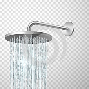 Rain shower head attached to wall. Running jets, streams, water flows, in bathroom. Showerhead.