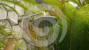 Rain shower head pours water outdoors surrounded by rich plants. Open-air tropical bath, modern luxury design. Water