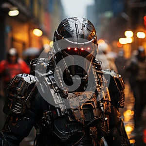 Rain-Slicked Futuristic Soldier Robot Stands Guard in Neon-Lit Cityscape. AI generation