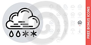 Rain with snow or sleet icon for weather forecast application or widget. Cloud with raindrops and snowflakes. Simple