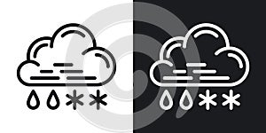 Rain with snow or sleet icon for weather forecast application or widget. Cloud with raindrops and snowflakes. Two-tone