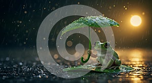 Rain-Soaked Frog Under Leaf Umbrella: A Serene Nocturnal Scene photo