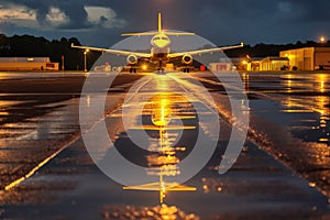 rain-soaked runway reflecting airport lights