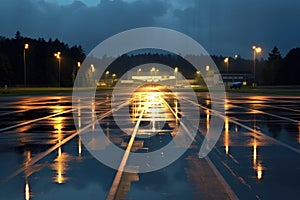 rain-soaked runway reflecting airport lights