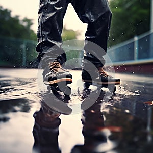 rain soaked skateboarder a skateboarder grinding on we photo
