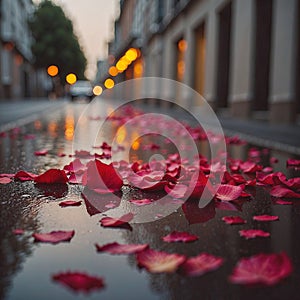A rain-soaked street adorned with scattered rose petals