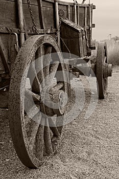 Rain spattered covered wagon in sepia