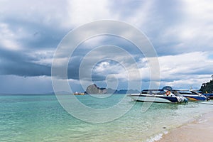 A rain storm is coming. Two ships in the Andaman Sea. Krabi, southern Thailand