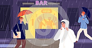 Rain on street. Night bar reopen, entrance lightning on dark. Rainy autumn city, business people walk with umbrella and photo