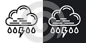 Rain with thunder or thunderstorm icon for weather forecast application or widget. Cloud with raindrops and lightning