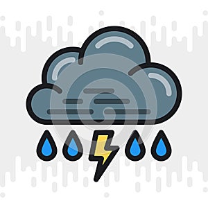 Rain with thunder or thunderstorm icon for weather forecast application or widget. Cloud with raindrops and lightning