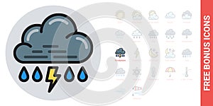 Rain with thunder or thunderstorm icon for weather forecast application or widget. Cloud with raindrops and lightning