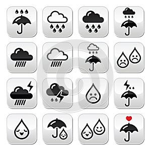 Rain, thunderstorm, heavy clouds vector buttons set