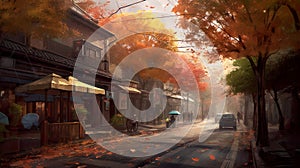 Rain in Tokyo, Autumn city life, maple trees with vibrant leaves along wet street, AI generative