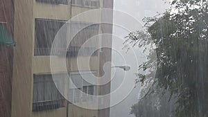 Rain. Torrential rain due to an electrical storm where it left flooded areas in Madrid with abundant water and hail, in Spain.