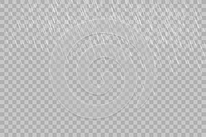 Rain transparent template background. Falling water drops texture. Nature rainfall on transparent background.