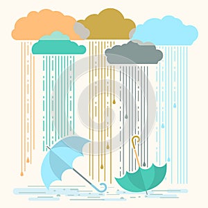 Rain.Vector illustration with stylish flat clouds and umbrellas