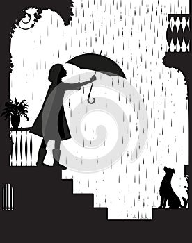 Rain walk with dog dog, Girl on the balcony holding the umbrella above the dog, my friend dog, black and white, shadow,