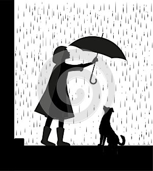 Rain walk with dog, girl holding the umbrella above the dog, my friend dog, black and white, shadow,