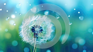 Rain water drops falling on dandelion plant blue background