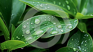 After rain water drops on green leaves in the garden. Generative AI